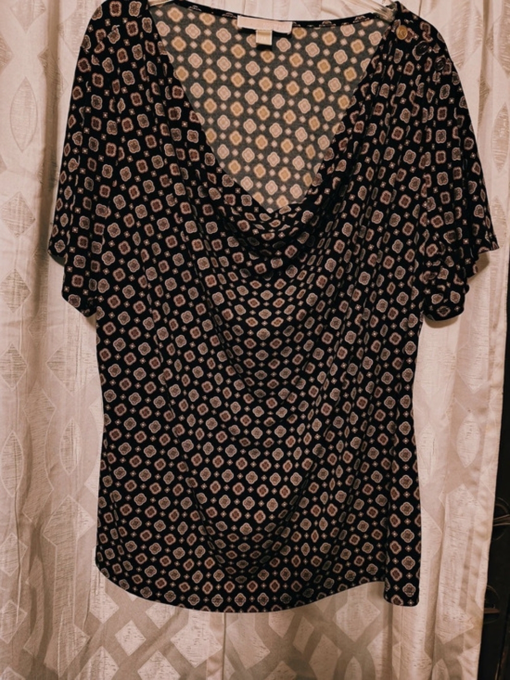 MICHAEL Michael Kors 2X Geo Tile Print Cowl Neck Short Sleeve Top Black Tan
